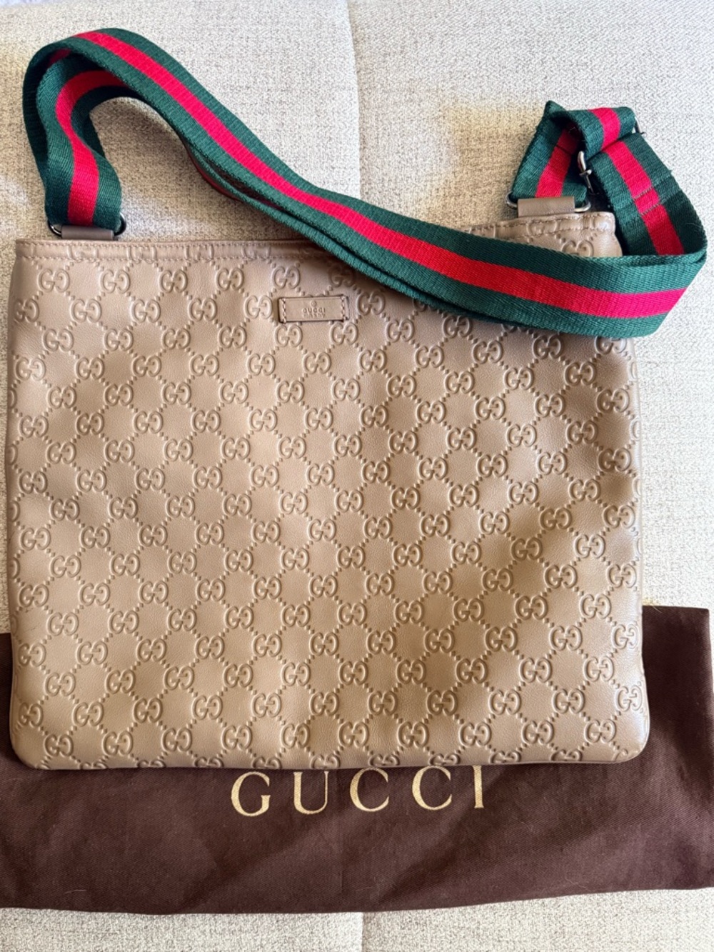 Gucci Leather Guccisima Crossbody Bag- Taupe